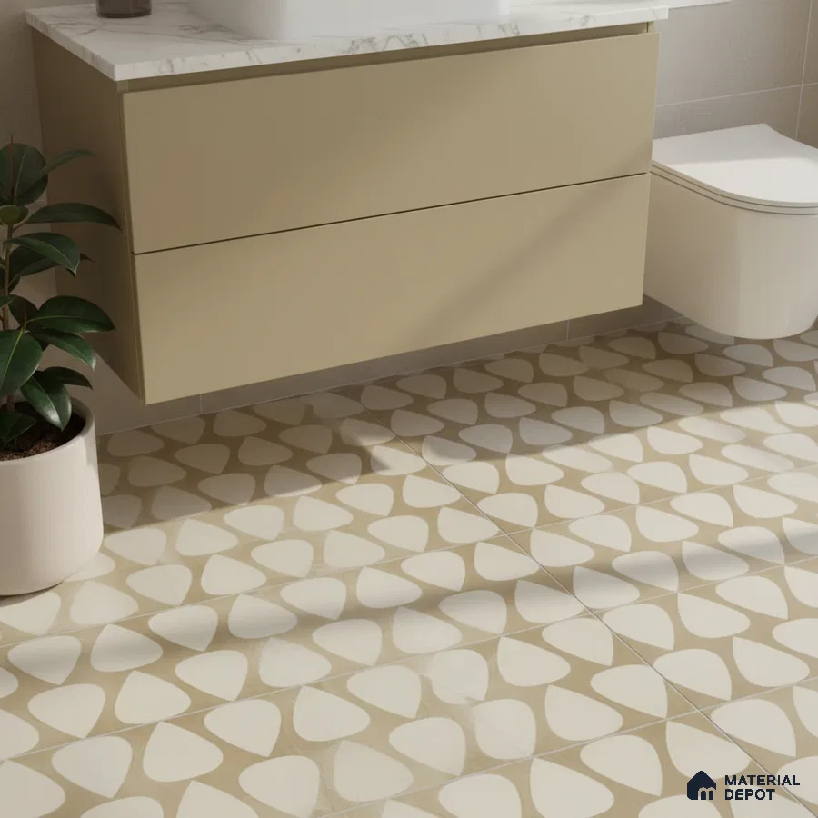 Modern bathroom with beige patterned floor tiles and matte beige vanity with marble countertop
