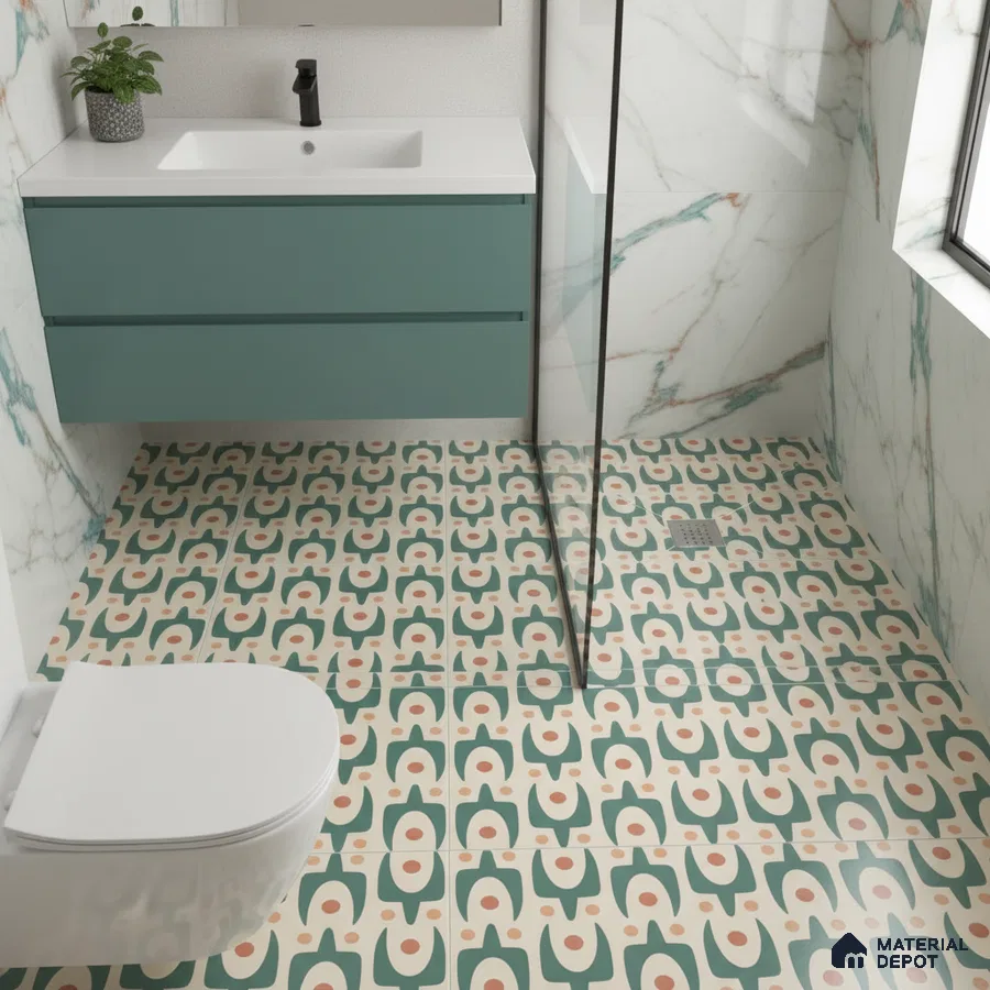 Modern bathroom with teal vanity, marble wall tiles, and geometric patterned floor tiles