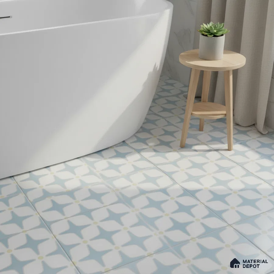 Scandinavian bathroom with blue and white patterned floor tiles and freestanding tub