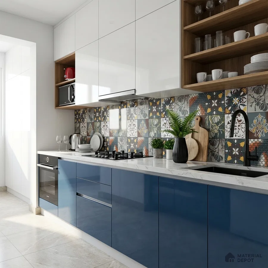 Modern kitchen with blue high gloss laminate, white quartz countertop, and patterned moroccan backsplash tiles