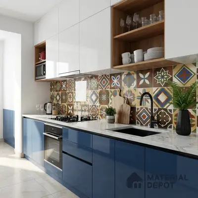 Modern kitchen with blue and white laminate, patterned moroccan backsplash tiles, and white quartz countertop