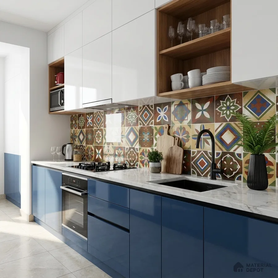 Modern kitchen with blue and white laminate, patterned moroccan backsplash tiles, and white quartz countertop