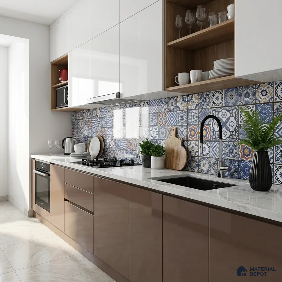 Modern kitchen with glossy brown laminate, white quartz countertop, and blue moroccan patterned backsplash tiles