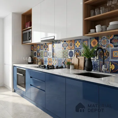 Modern kitchen with blue high gloss laminate, white quartz countertop, and moroccan patterned backsplash tiles