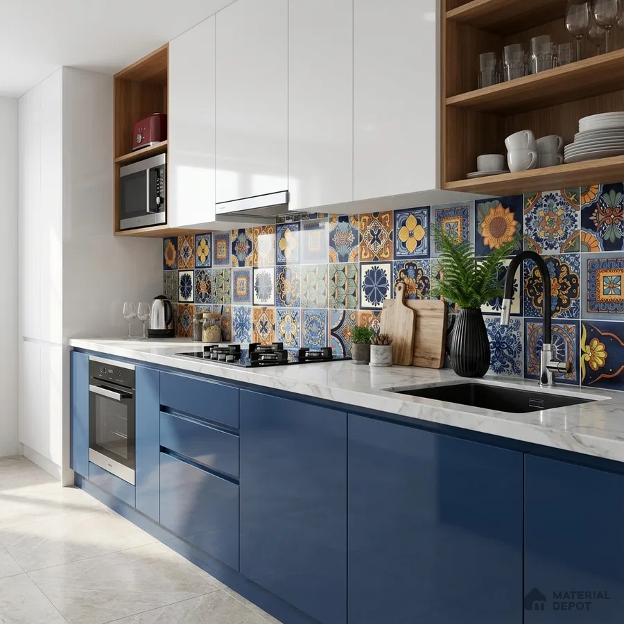 Modern kitchen with blue high gloss laminate, white quartz countertop, and moroccan patterned backsplash tiles
