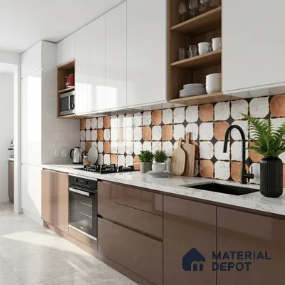 Modern kitchen with glossy brown and white laminate, quartz countertop, and geometric patterned backsplash tiles