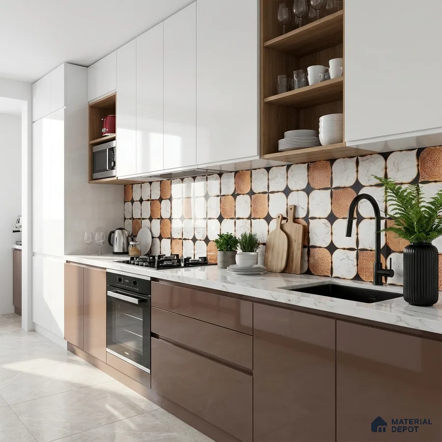 Modern kitchen with glossy brown and white laminate, quartz countertop, and geometric patterned backsplash tiles