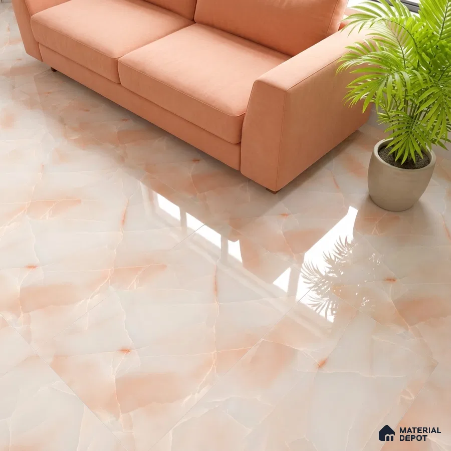 Modern living room with peach marble-look glossy floor tiles and pastel peach sofa