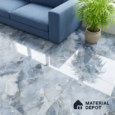 Modern living room with blue marble-look glossy floor tiles and blue fabric sofa
