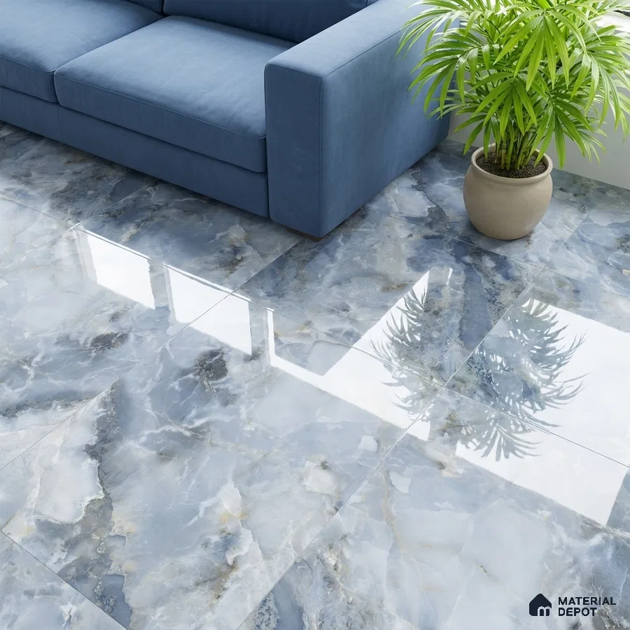 Modern living room with blue marble-look glossy floor tiles and blue fabric sofa