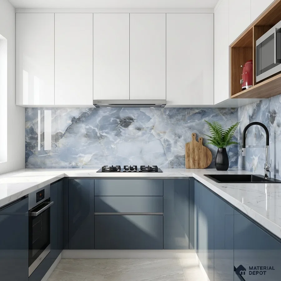 Modern kitchen with blue high gloss laminate, white laminate, and blue marble-look backsplash tile