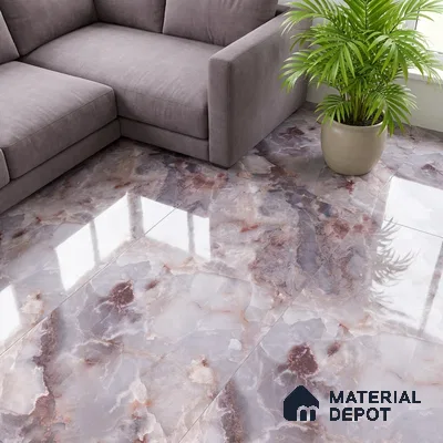 Modern living room with glossy marble-look floor tiles and grey sectional sofa