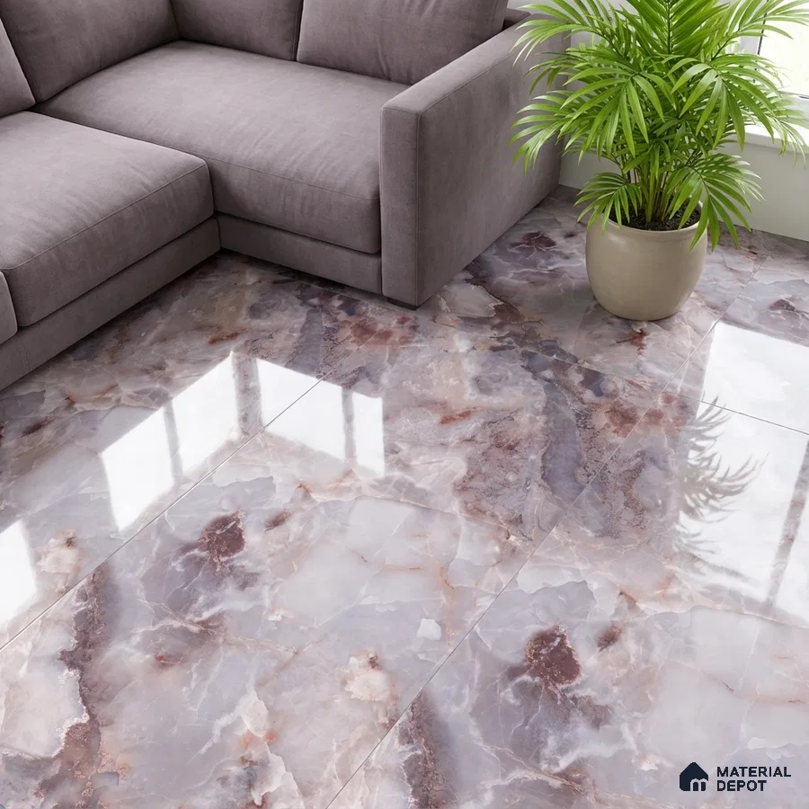 Modern living room with glossy marble-look floor tiles and grey sectional sofa