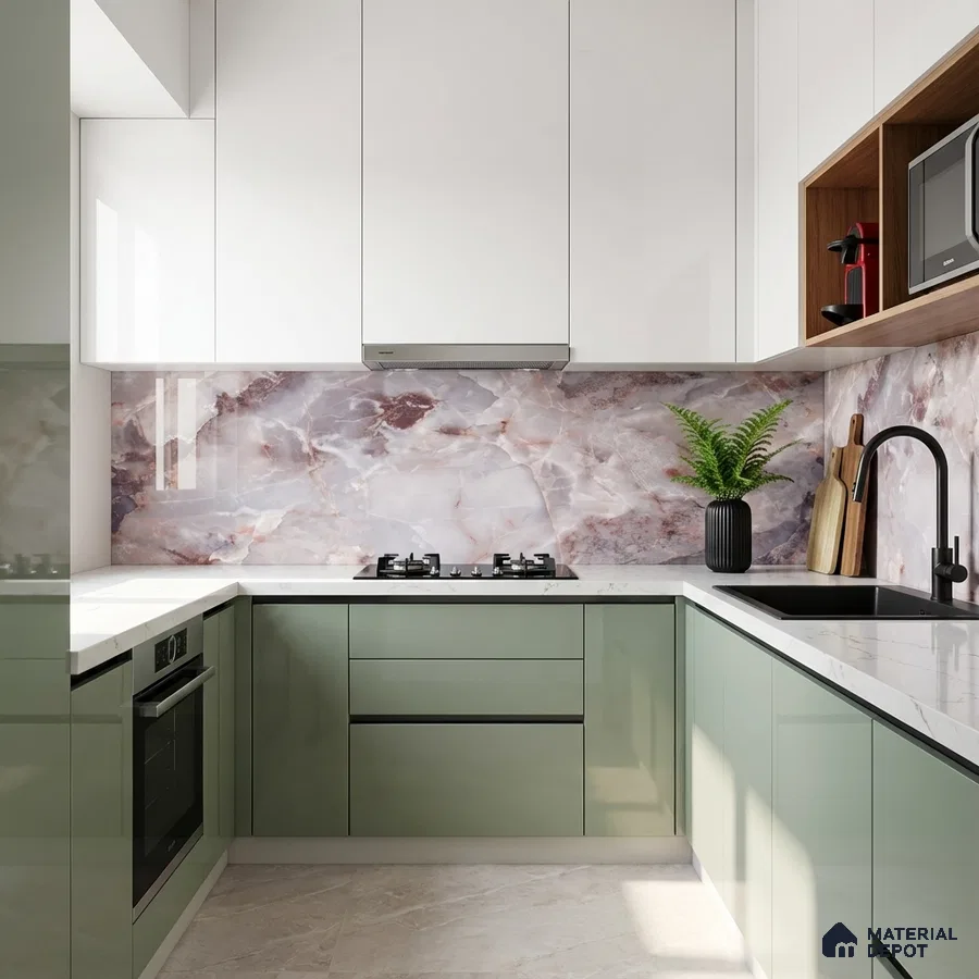 Modern kitchen with sage green laminate, white laminate, and marble-look backsplash tile