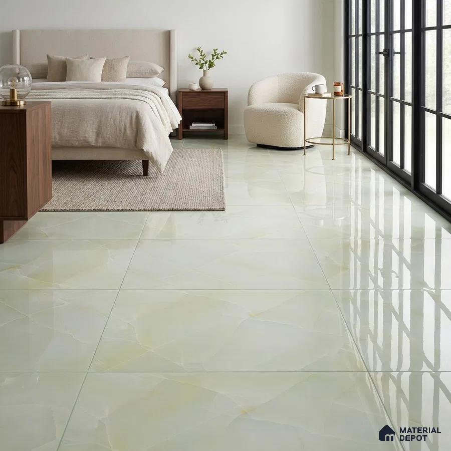 Modern Bedroom with Glossy Mint Green Marble-Look Floor Tile