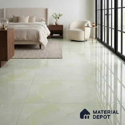 Modern Bedroom with Glossy Mint Green Marble-Look Floor Tile