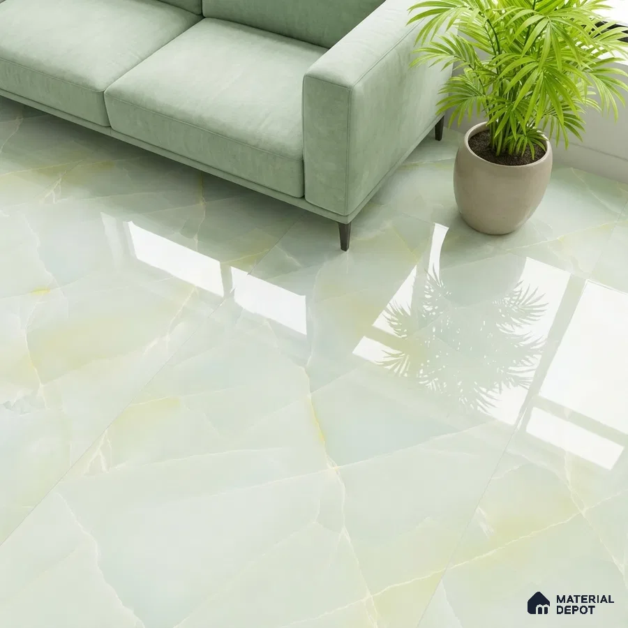 Modern living room with mint green marble-look glossy floor tiles and pastel green sofa