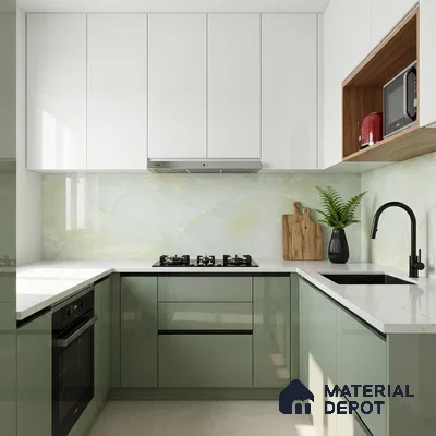 Modern dual tone kitchen with sage green and frosty white laminate, white marble-look backsplash tile, and quartz countertop