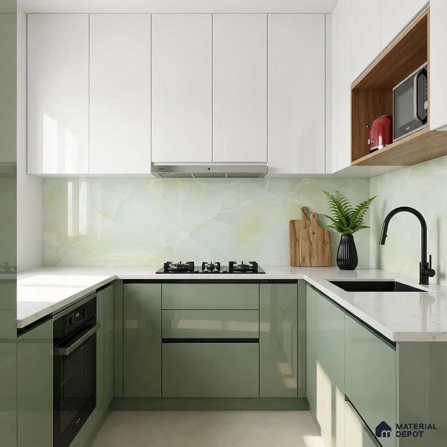 Modern dual tone kitchen with sage green and frosty white laminate, white marble-look backsplash tile, and quartz countertop
