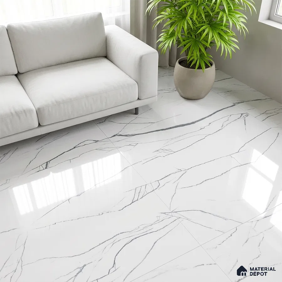 Modern living room with white marble-look floor tiles and minimalist sofa