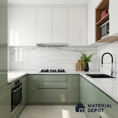 Modern dual tone kitchen with sage green and frosty white high gloss laminate, white marble-look backsplash and countertop