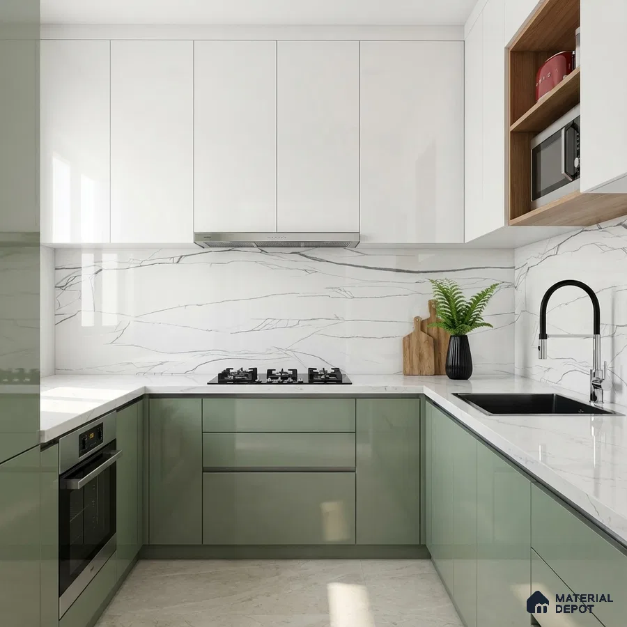 Modern dual tone kitchen with sage green and frosty white high gloss laminate, white marble-look backsplash and countertop