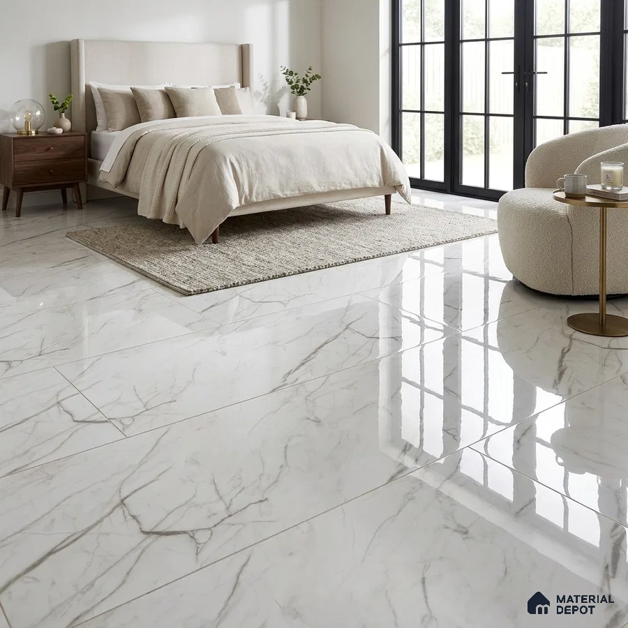 Modern Bedroom with Glossy White Marble-Look Floor Tile