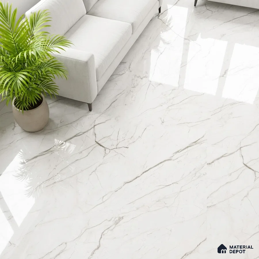 Modern living room with white marble-look polished floor tiles and neutral sofa