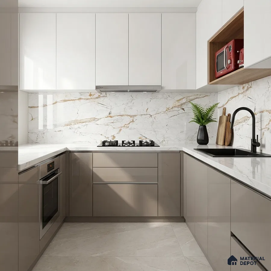 Modern kitchen with glossy taupe and white laminate, calacatta marble-look backsplash, and white quartz countertop