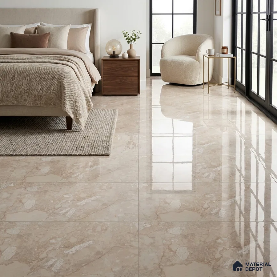 Modern Bedroom with Glossy Beige Marble-Look Floor Tile