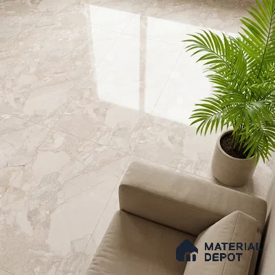 Modern living room with polished beige marble floor tiles and neutral fabric sofa