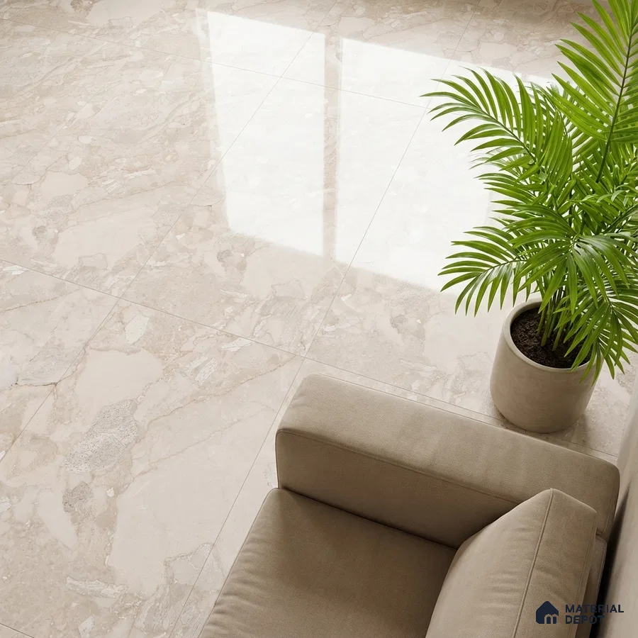 Modern living room with polished beige marble floor tiles and neutral fabric sofa