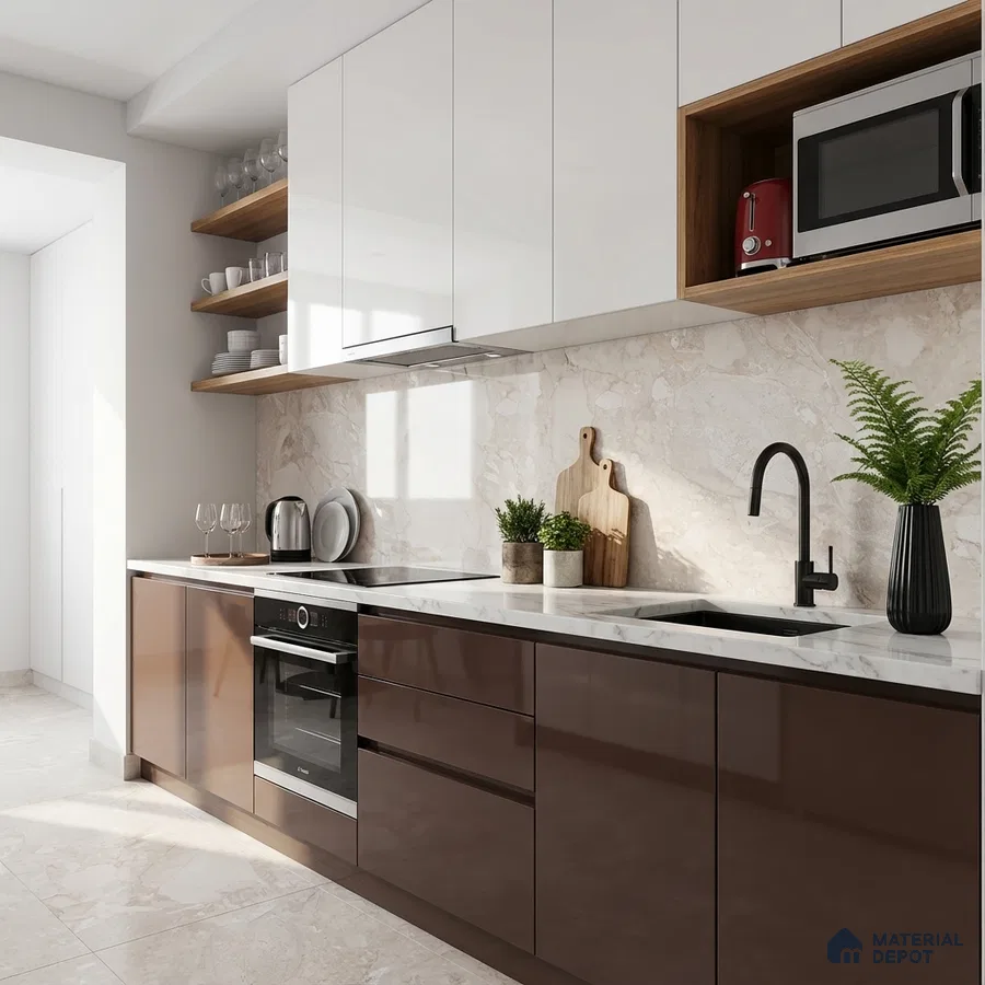 Modern kitchen with glossy brown and frosty white laminate, marble-look backsplash, and white quartz countertop