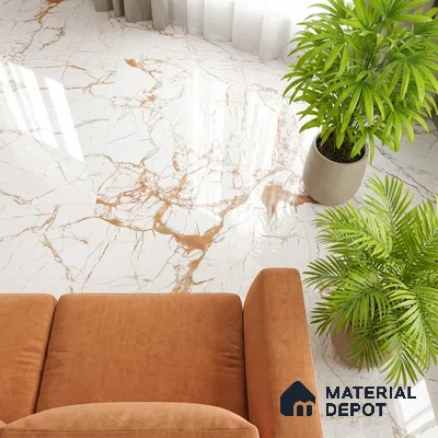 Modern living room with polished white marble floor tiles and rust fabric sofa