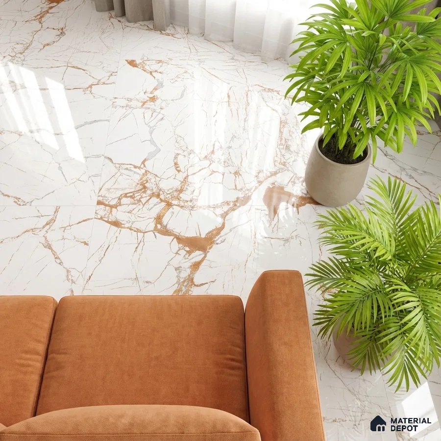 Modern living room with polished white marble floor tiles and rust fabric sofa