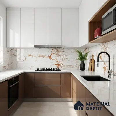 Modern kitchen with white and cappuccino high gloss laminate, marble-look backsplash tile, and white quartz countertop