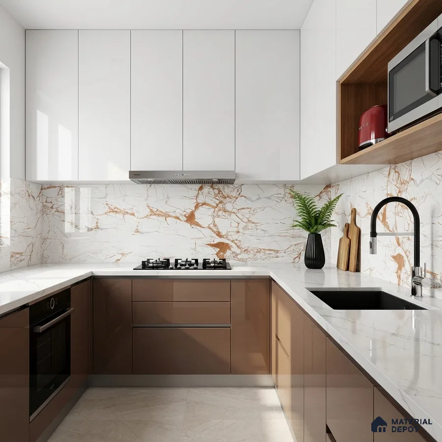 Modern kitchen with white and cappuccino high gloss laminate, marble-look backsplash tile, and white quartz countertop