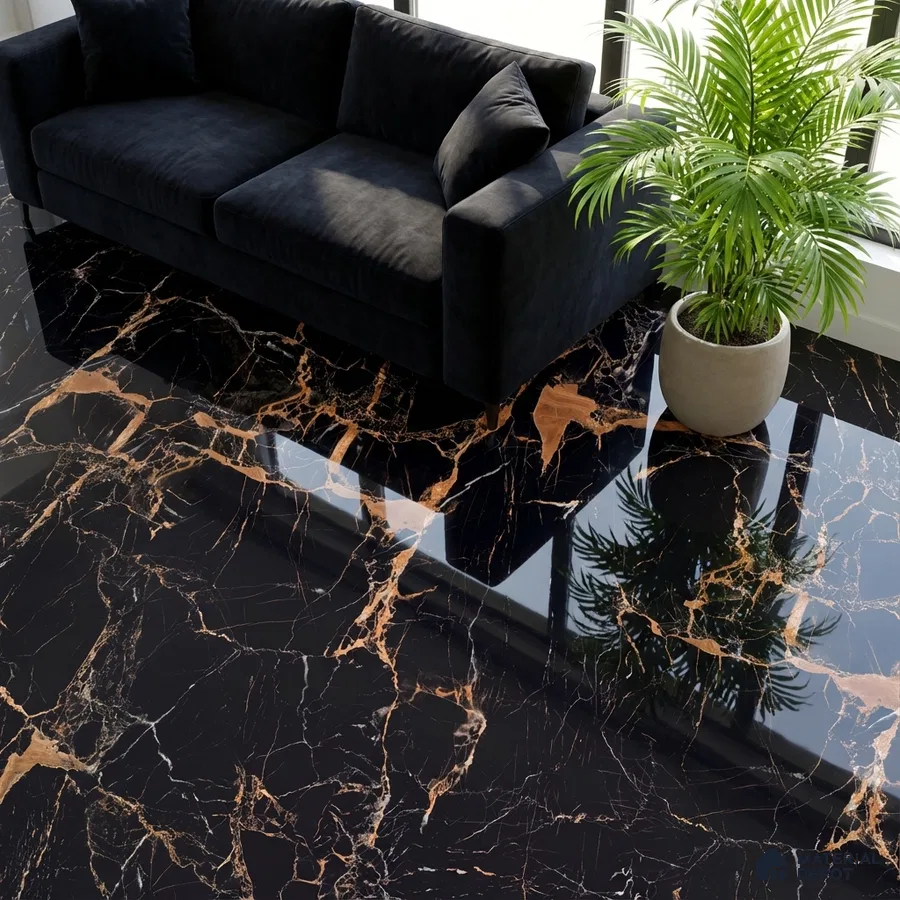 Modern living room with black marble-look floor tile and velvet sofa