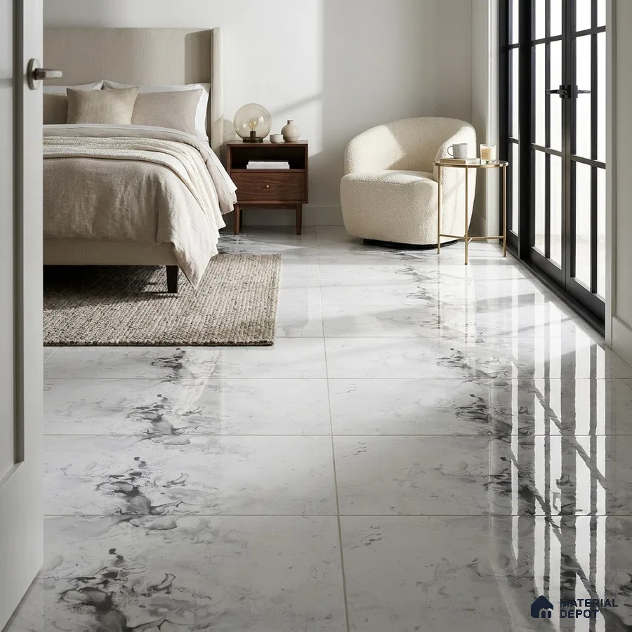 Modern Bedroom with Glossy White and Grey Fluid Marble-Look Floor Tile