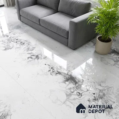 Modern living room with grey sofa and white marble-look floor tiles