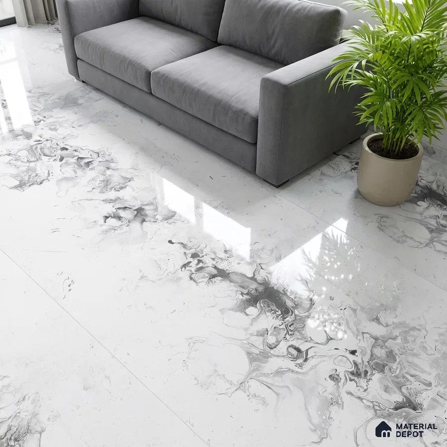 Modern living room with grey sofa and white marble-look floor tiles