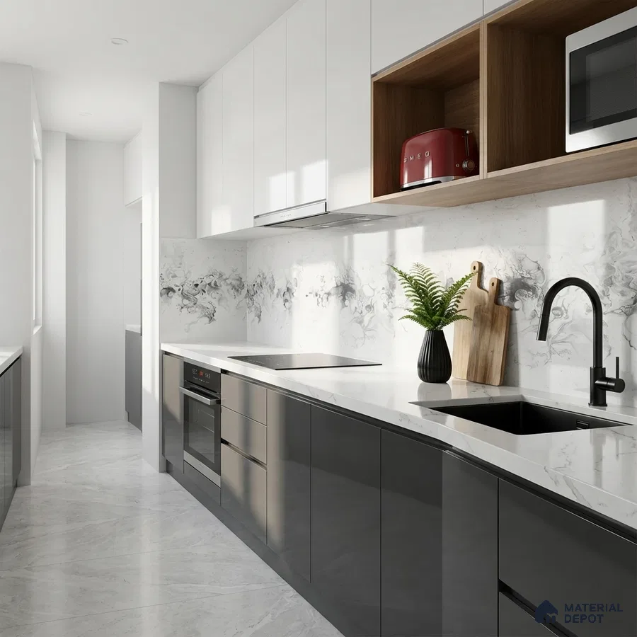 Modern parallel kitchen with glossy grey and white laminate, marble-look quartz countertop, and marble backsplash