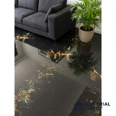 Modern living room with glossy black marble-look floor tiles and gold-green veining