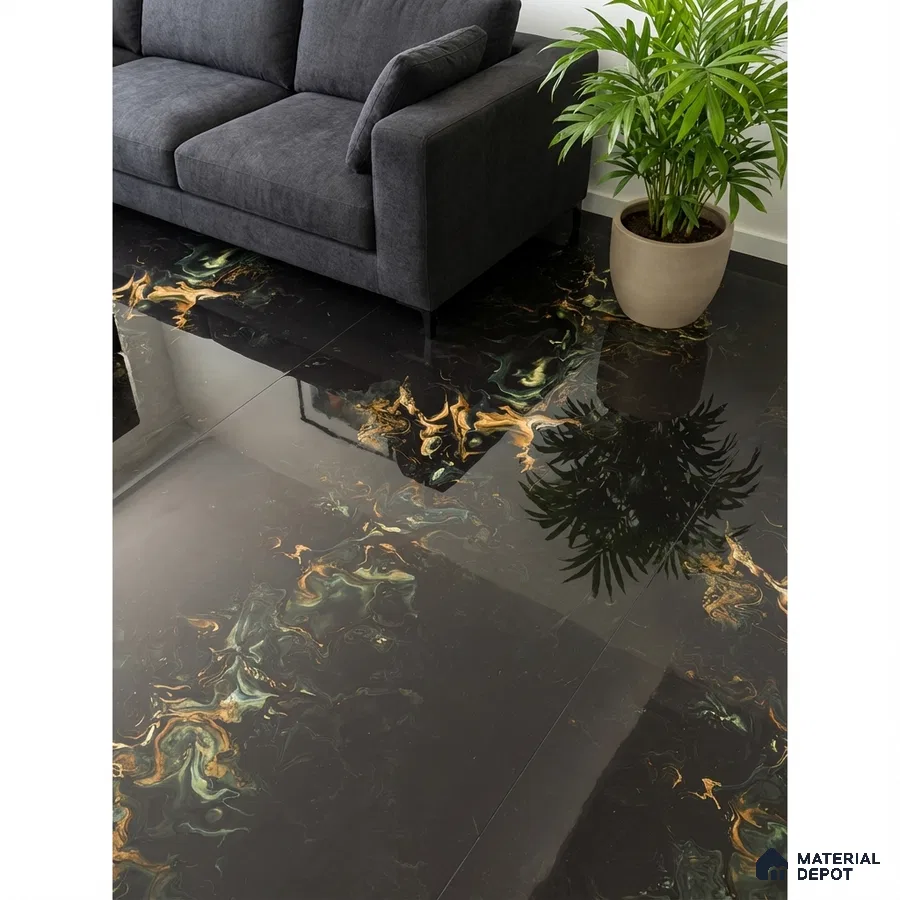 Modern living room with glossy black marble-look floor tiles and gold-green veining