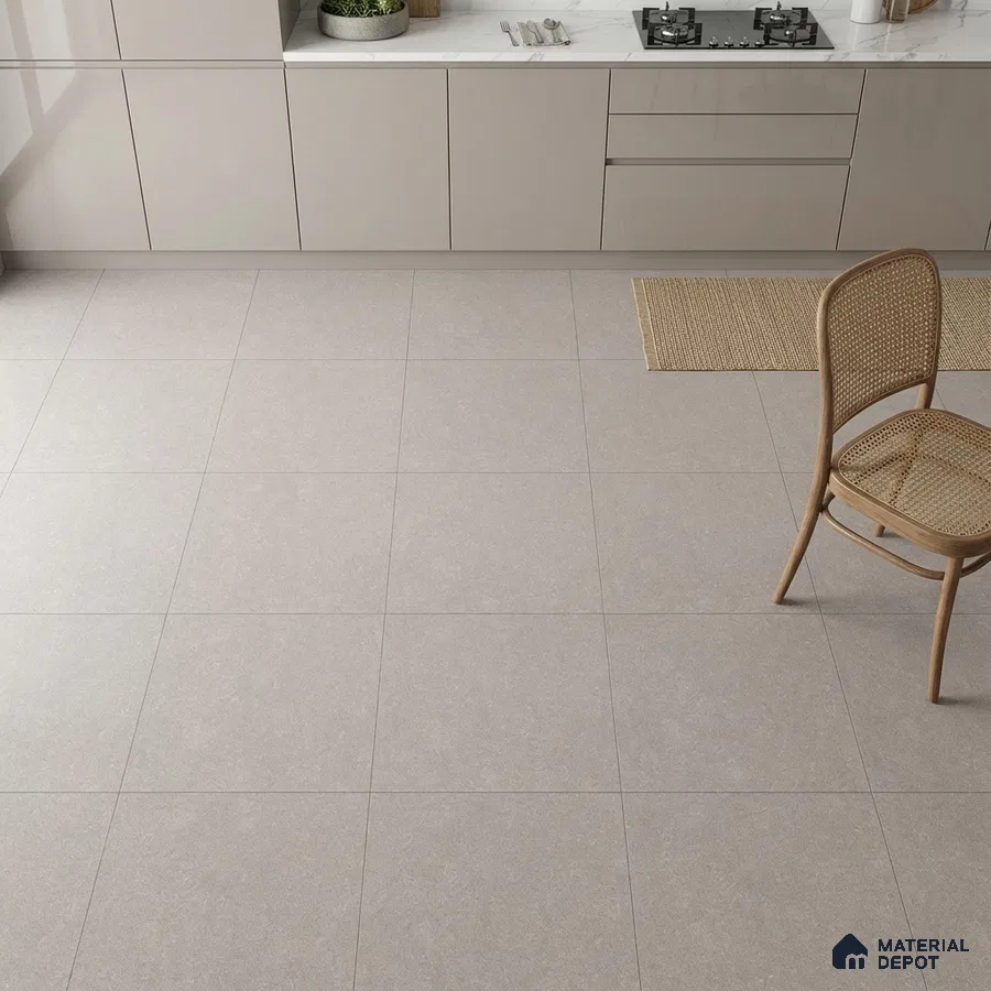Minimalist kitchen with taupe glossy laminate cabinets and light grey stone floor tiles