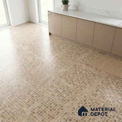 Modern kitchen with beige glossy laminate cabinets, white marble-look countertop, and mosaic beige floor tiles