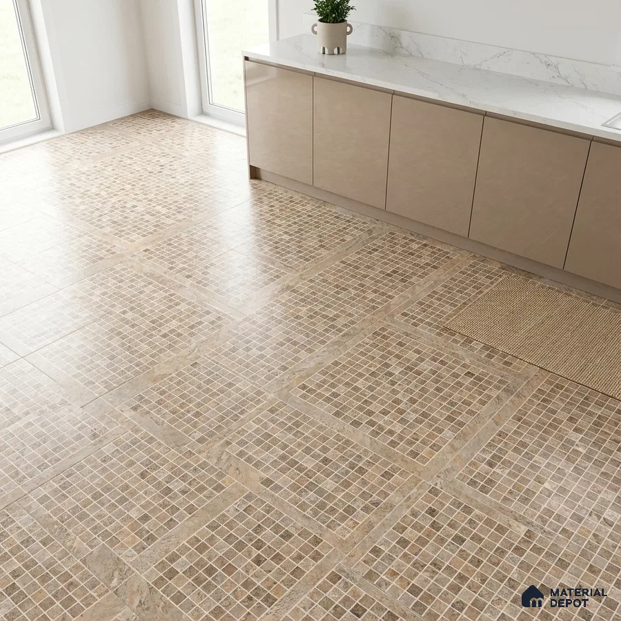 Modern kitchen with beige glossy laminate cabinets, white marble-look countertop, and mosaic beige floor tiles