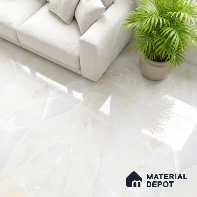 Modern living room with glossy ivory marble-look floor tiles and off-white fabric sofa