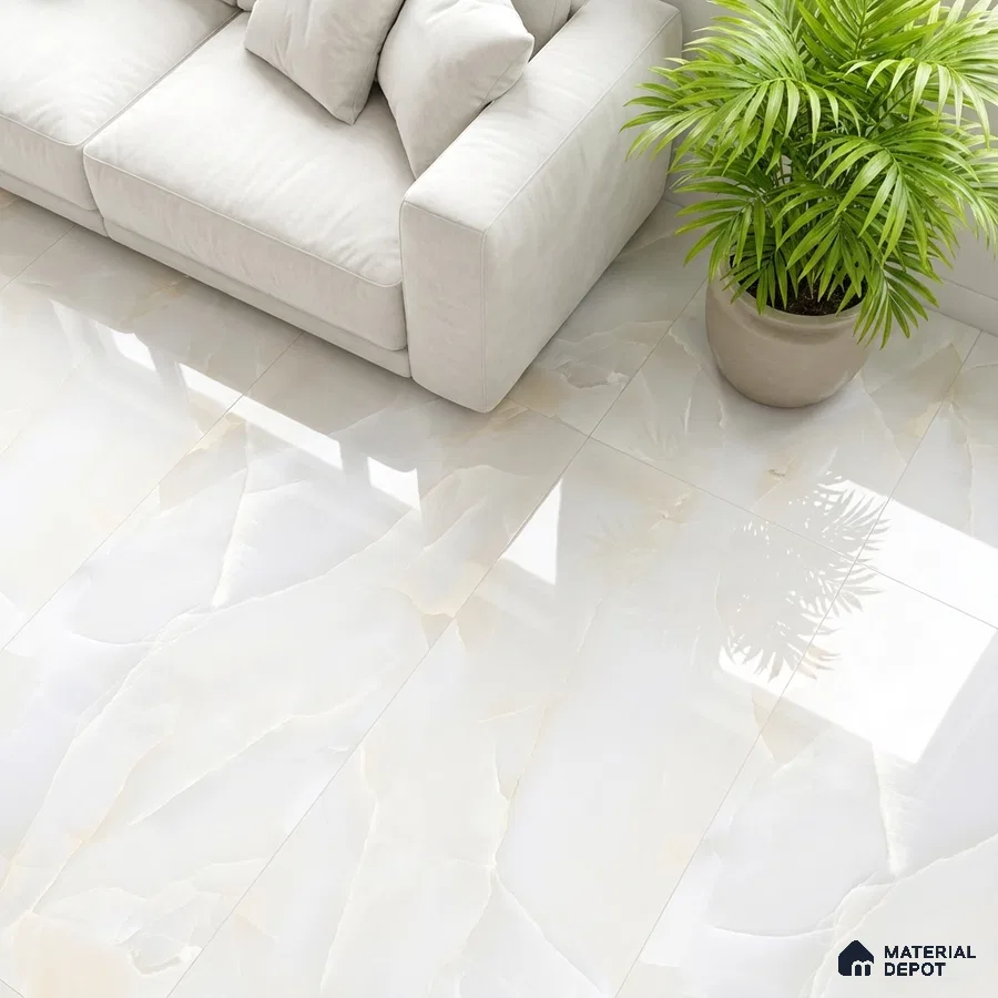 Modern living room with glossy ivory marble-look floor tiles and off-white fabric sofa