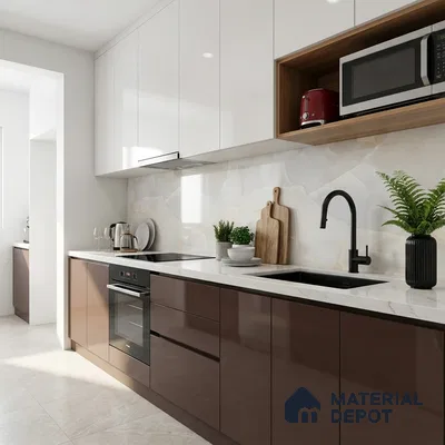 Modern dual tone kitchen with glossy brown and white laminate, marble-look backsplash, and white quartz countertop